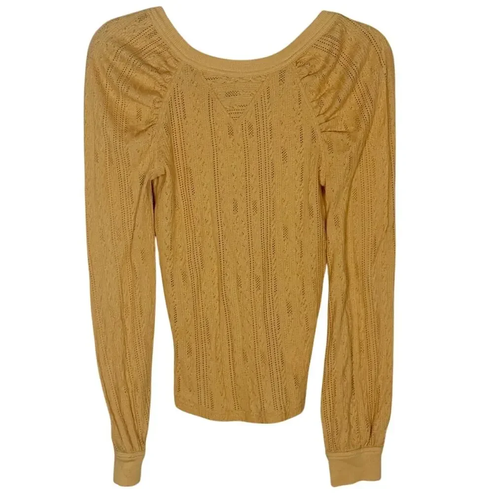 Free People Ella Puff Sleeve Pointelle Knit Top Mustard Yellow Size Small